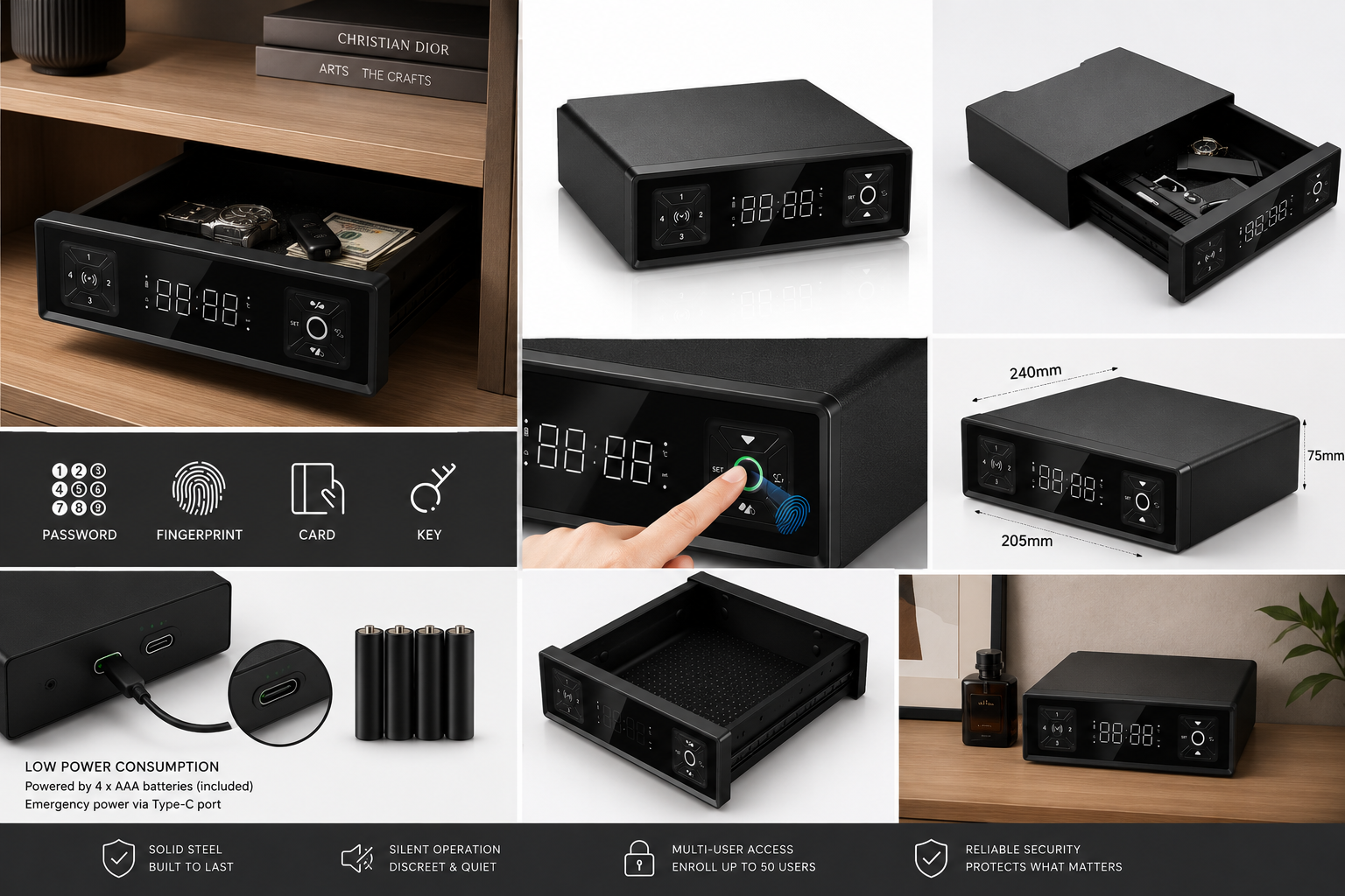 The Silent Guard slimme kluis met 5 ontgrendelmethoden: vingerafdruk, wachtwoord, RFID, Bluetooth en sleutel