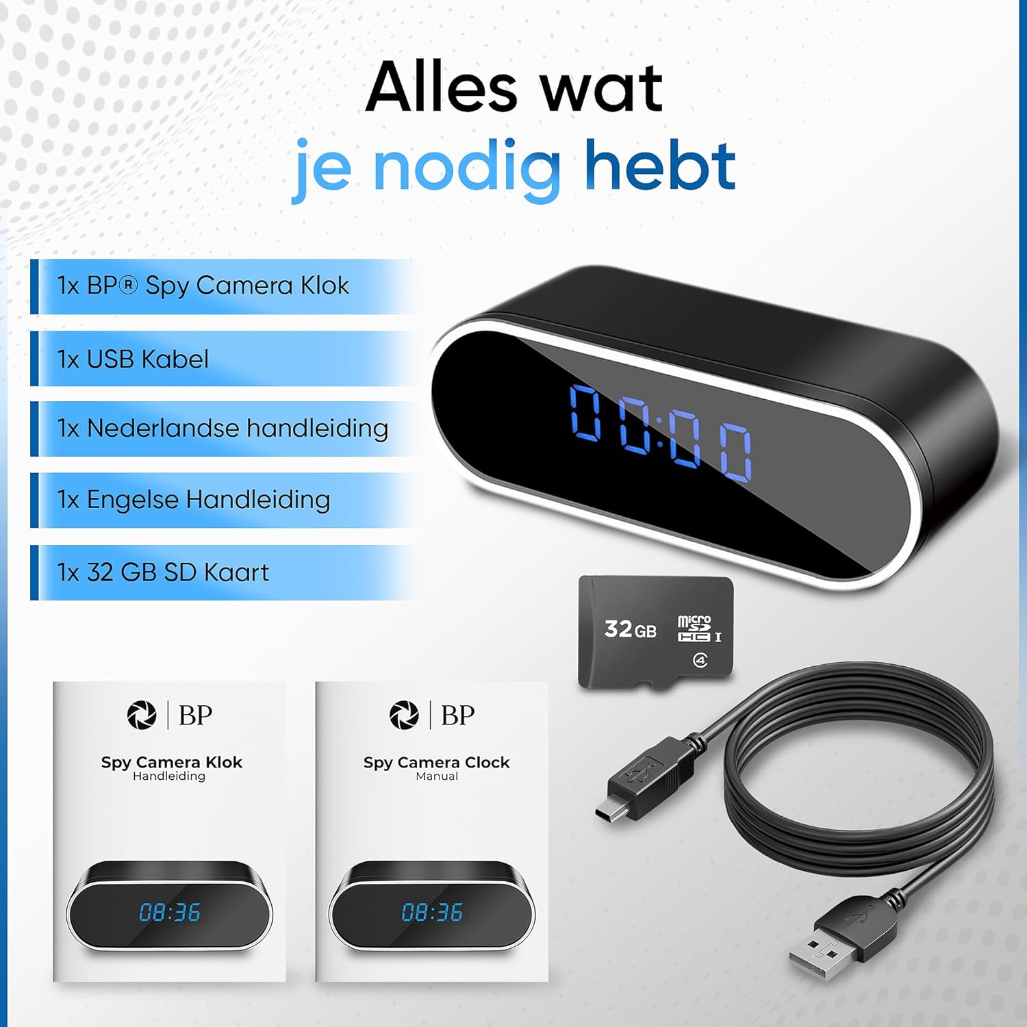 Silent Eye pakketinhoud met spy camera klok, USB kabel, 32GB SD-kaart en handleiding