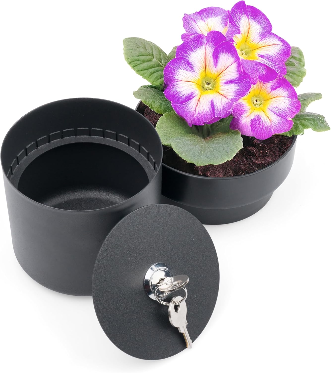 The Hidden Bloom verborgen bloempot kluis met sleutels en plant op witte achtergrond